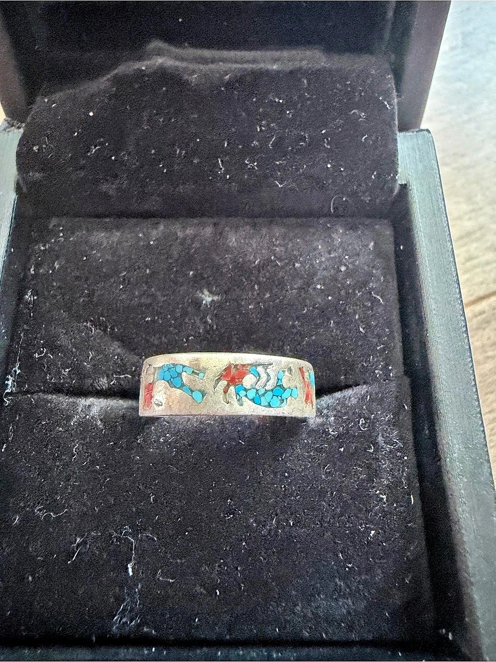 Vintage Sterling Silver Southwestern Kokopelli Chip Inlay Band Ring, Turquoise